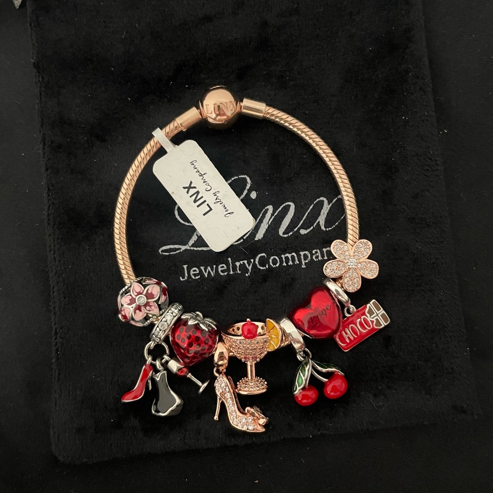 Linx Rose Gold Bracelet with Rose Gold and Red Themed Charms